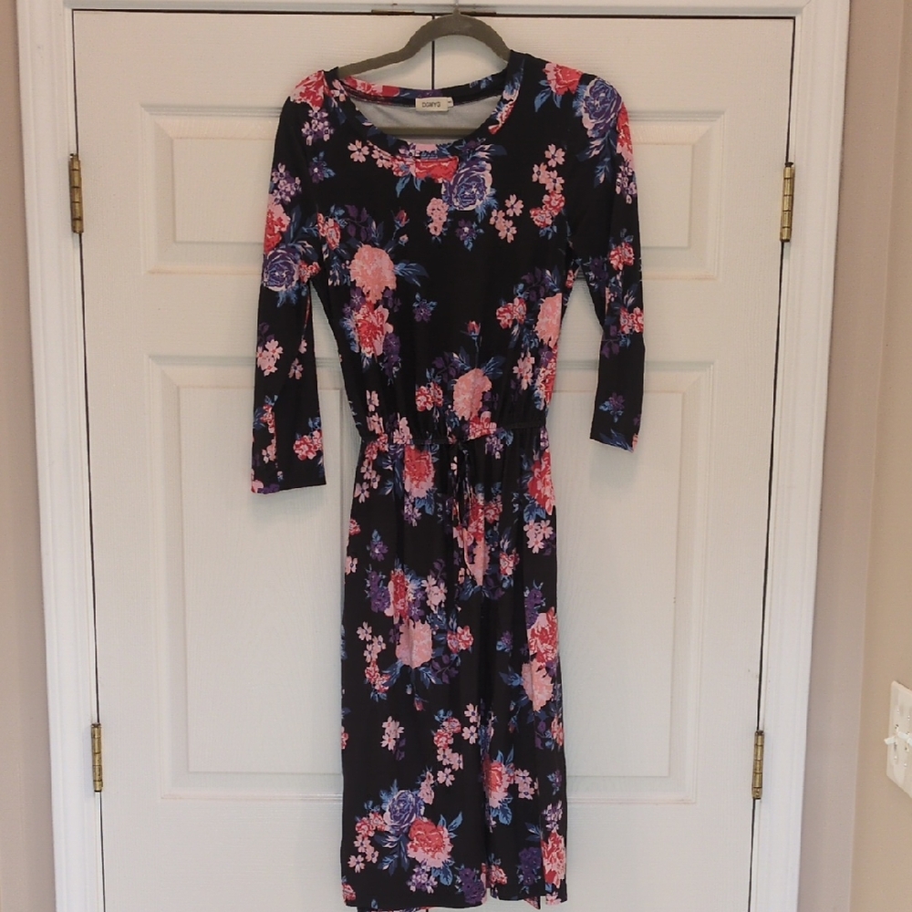 Floral Midi Dress in Black with Pink & Purple Blooms Tie Waist And Pockets